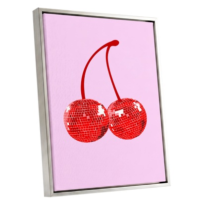 Disco Cherries, pink, red, white nature wall art shown as a silver framed canvas wall art