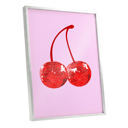 Disco Cherries, pink, red, white nature wall art shown as a silver framed poster wall art print