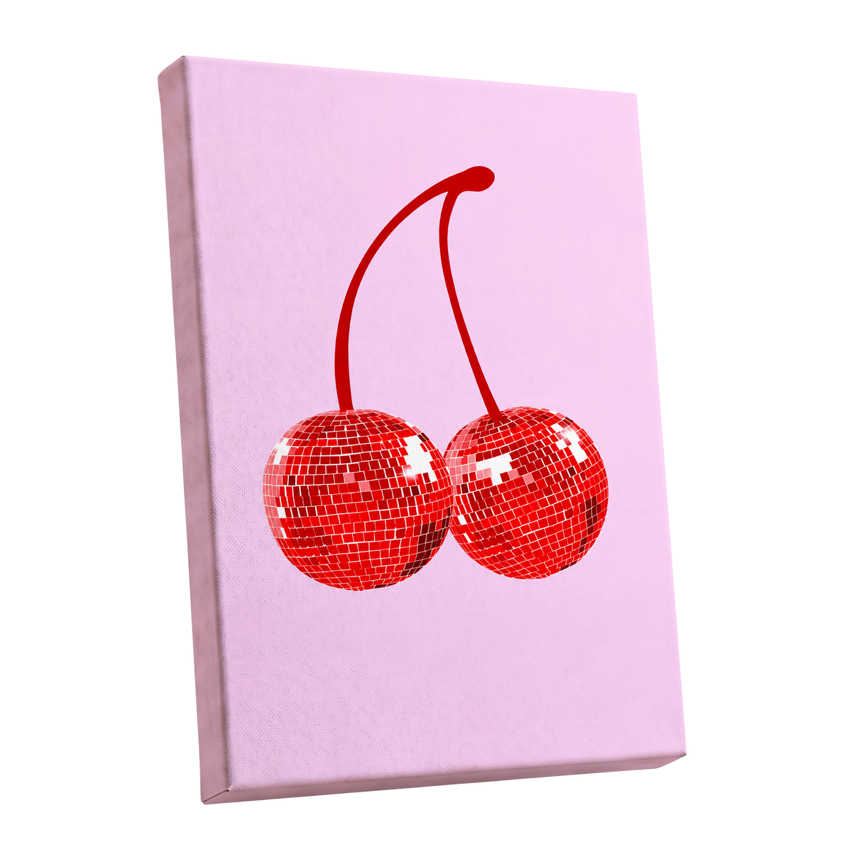Disco Cherries, pink, red, white nature wall art shown as a stretched canvas wall art