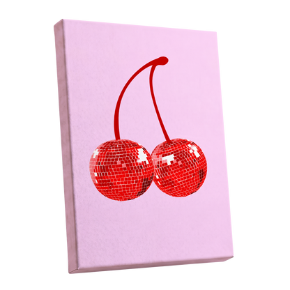 Disco Cherries, pink, red, white nature wall art shown as a stretched canvas wall art