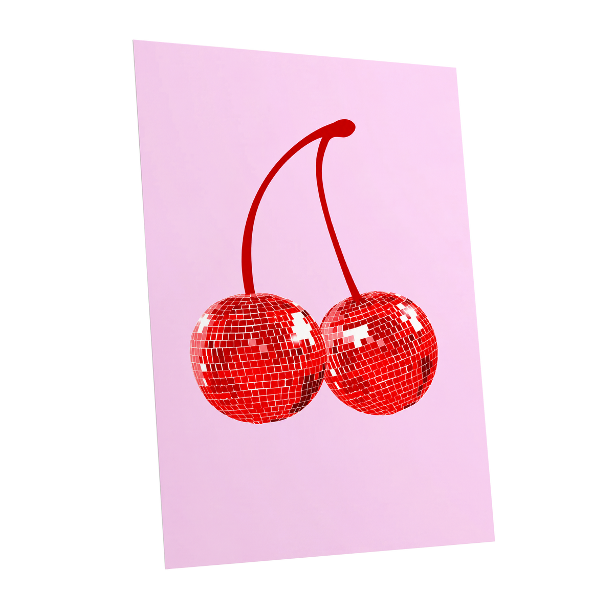 Disco Cherries, pink, red, white nature wall art shown as a unframed poster wall art print