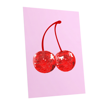 Disco Cherries, pink, red, white nature wall art shown as a unframed poster wall art print