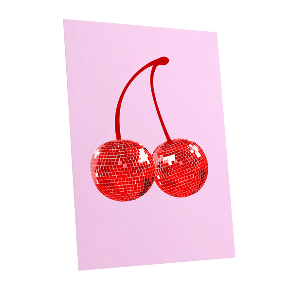 Disco Cherries, pink, red, white nature wall art shown as a unframed poster wall art print