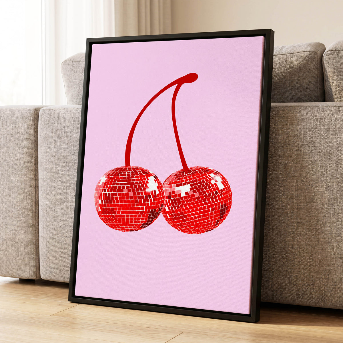 Disco Cherries, pink, red, white nature wall art displayed in a styled interior, gallery view 1