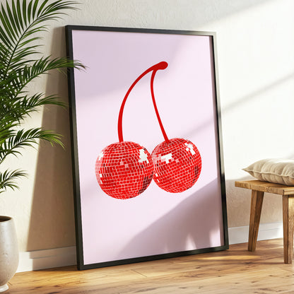 Disco Cherries, pink, red, white nature wall art displayed in a styled interior, gallery view 2