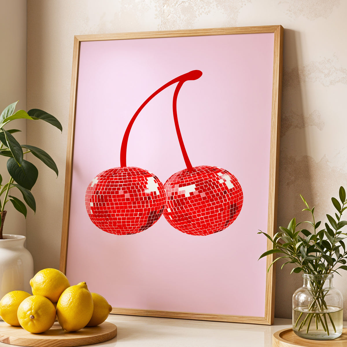 Disco Cherries, pink, red, white nature wall art displayed in a styled interior, gallery view 3