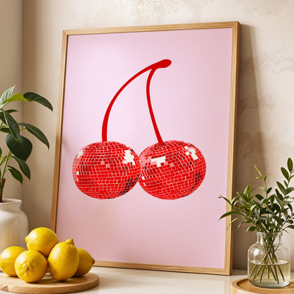 Disco Cherries, pink, red, white nature wall art displayed in a styled interior, gallery view 3