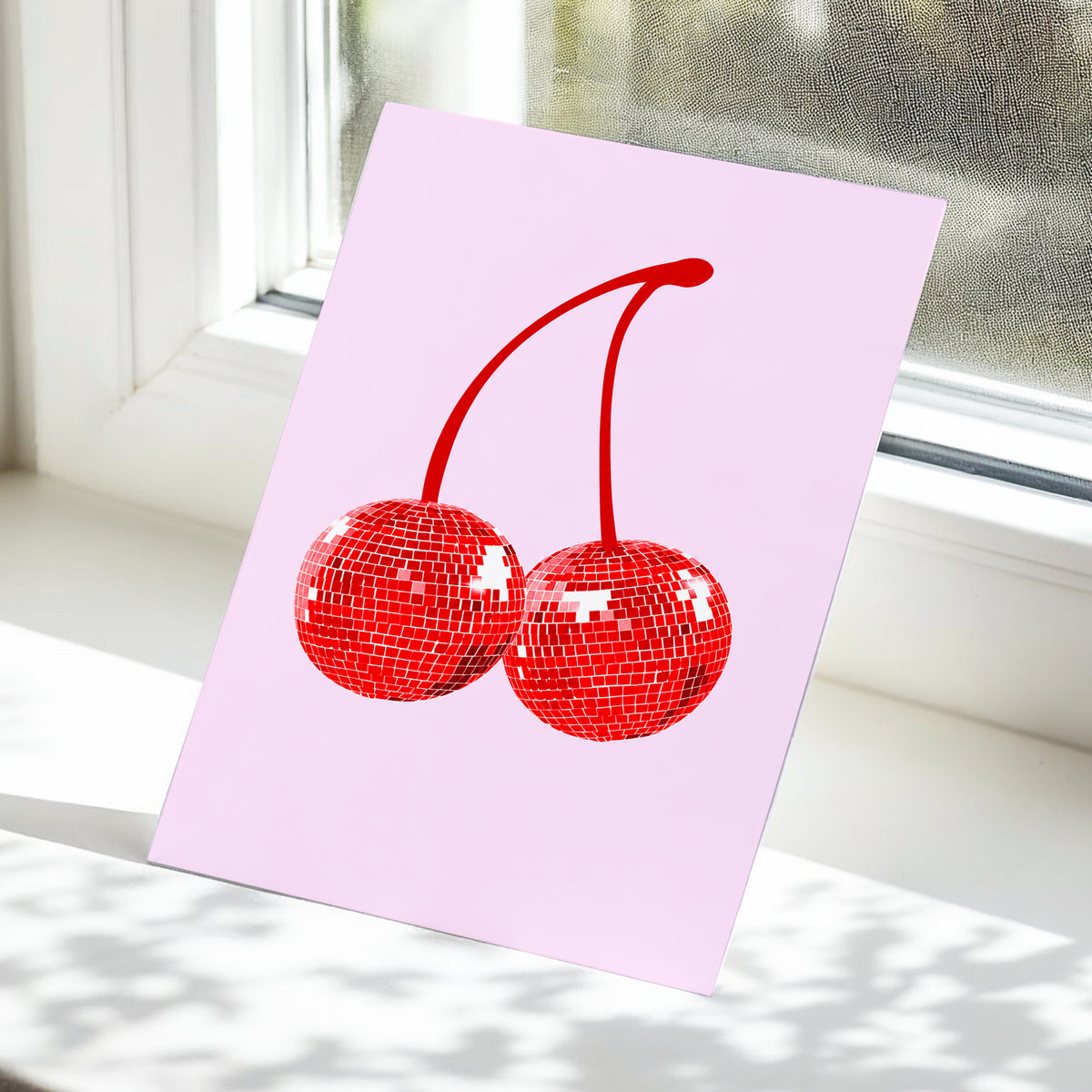 Disco Cherries, pink, red, white nature wall art displayed in a styled interior, gallery view 4