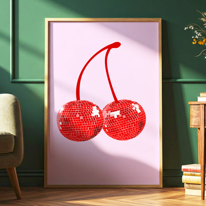 Disco Cherries, pink, red, white nature wall art displayed in a styled interior, gallery view 6