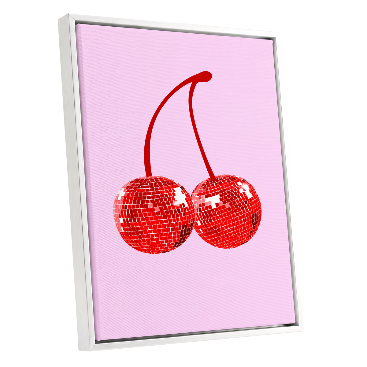 Disco Cherries, pink, red, white nature wall art shown as a white framed canvas wall art