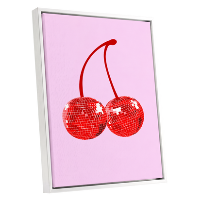 Disco Cherries, pink, red, white nature wall art shown as a white framed canvas wall art