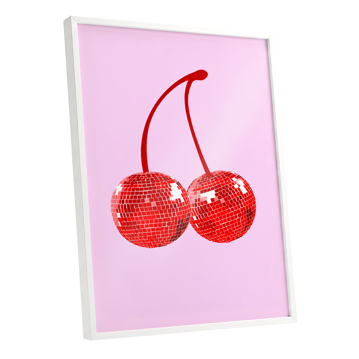 Disco Cherries, pink, red, white nature wall art shown as a white framed poster wall art print