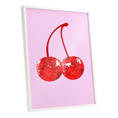 Disco Cherries, pink, red, white nature wall art shown as a white framed poster wall art print