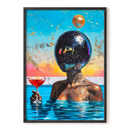Disco Mirage, blue, black, orange abstract wall art, front artwork view