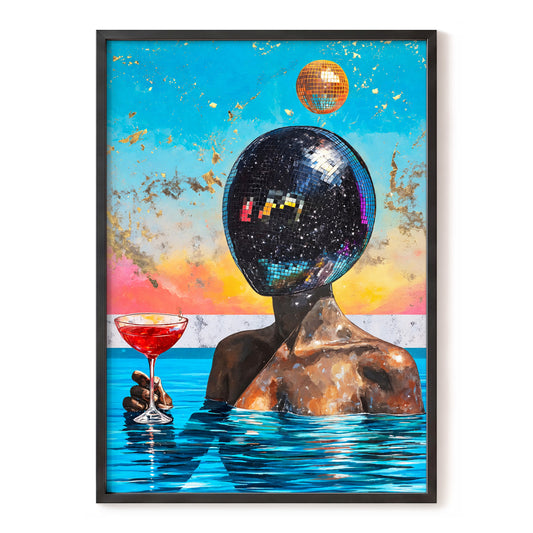 Disco Mirage, blue, black, orange abstract wall art, front artwork view