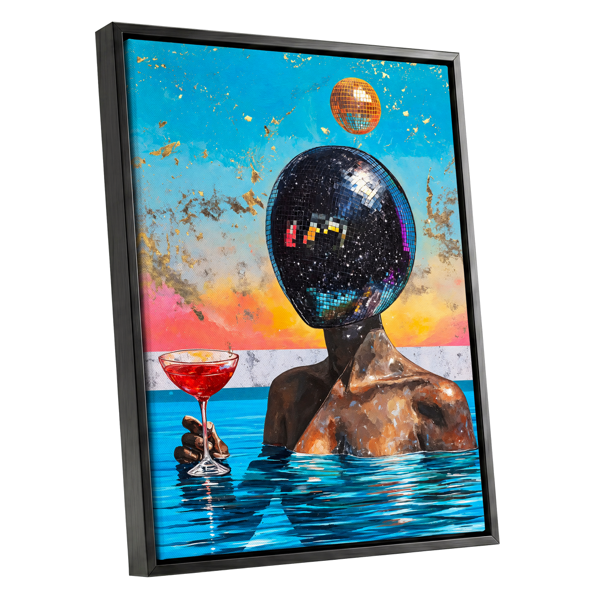 Disco Mirage, blue, black, orange abstract wall art shown as a black framed canvas wall art