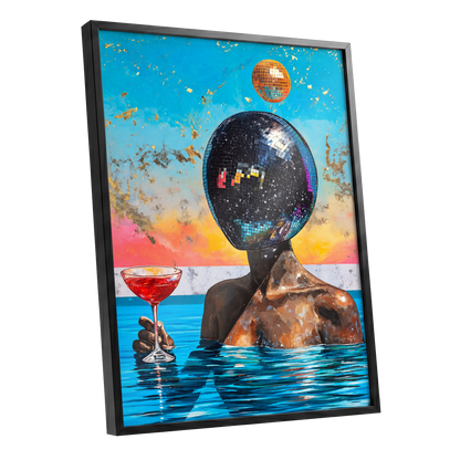 Disco Mirage, blue, black, orange abstract wall art shown as a black framed poster wall art print