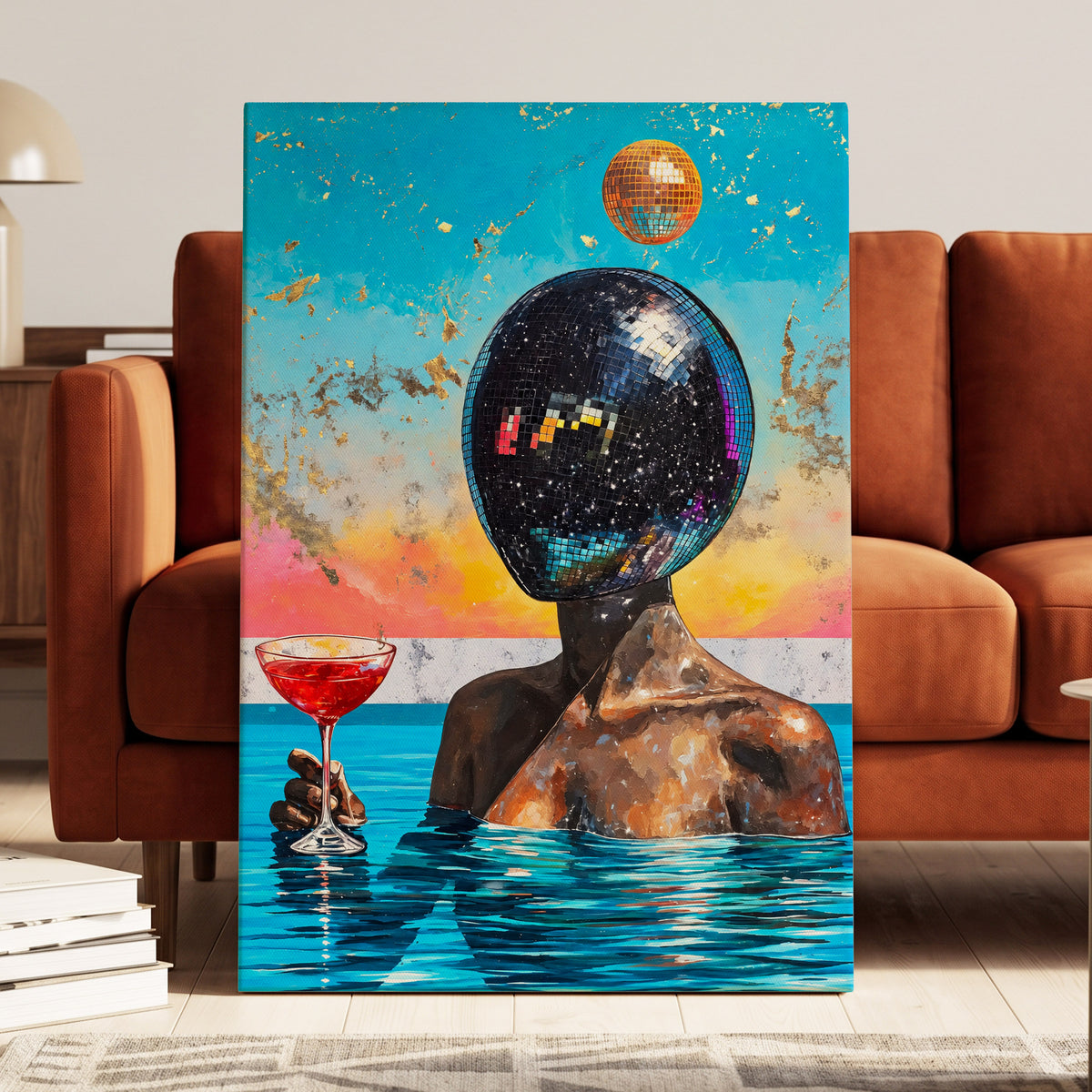 Disco Mirage, blue, black, orange abstract wall art on canvas displayed in a styled interior, gallery view 1