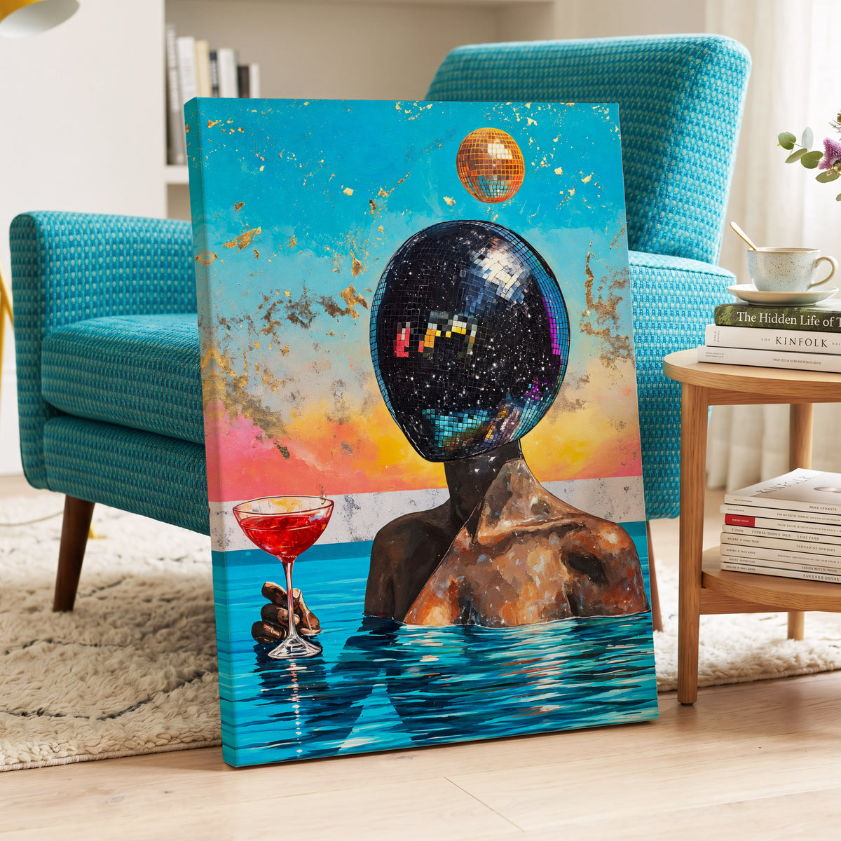 Disco Mirage, blue, black, orange abstract wall art on canvas displayed in a styled interior, gallery view 2