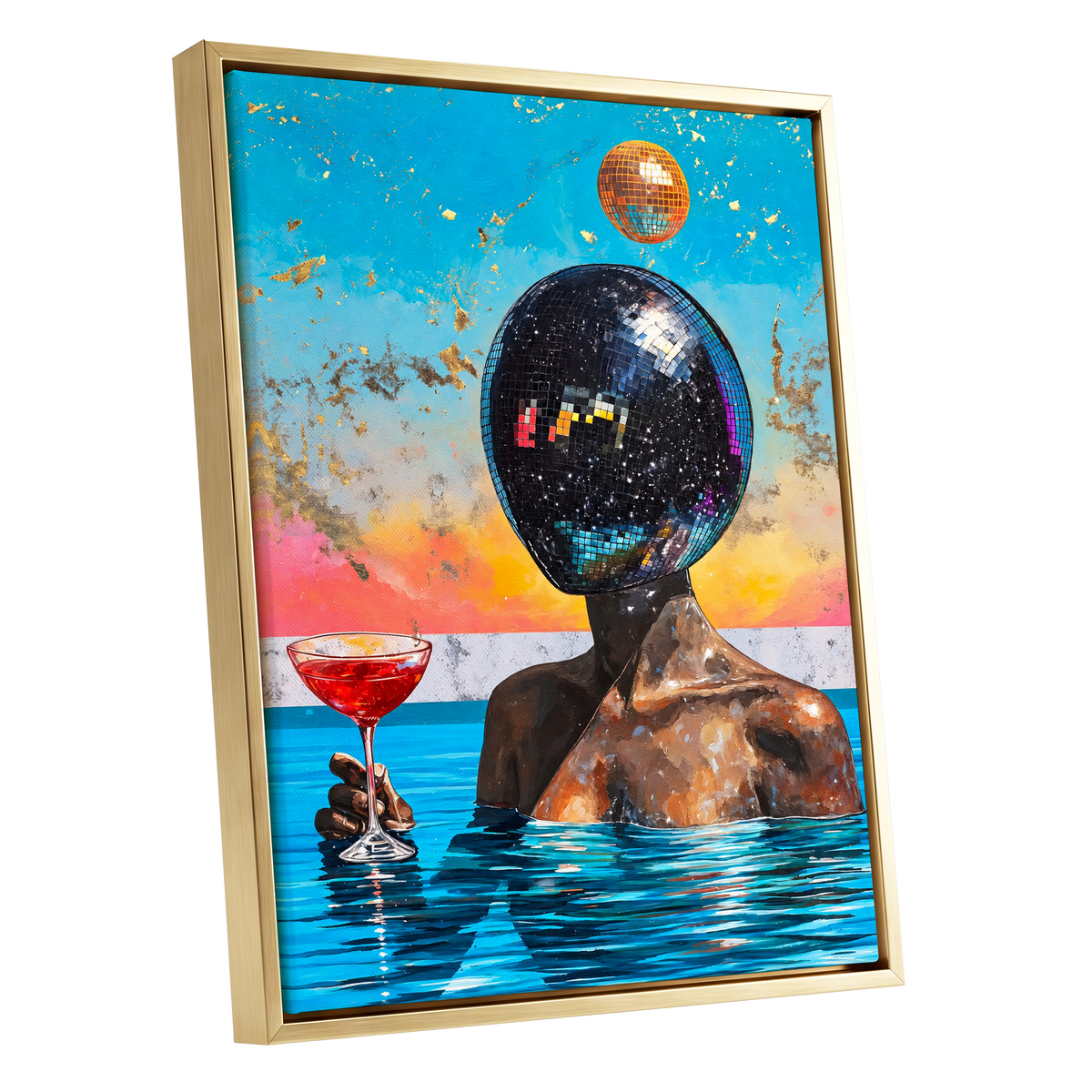 Disco Mirage, blue, black, orange abstract wall art shown as a gold framed canvas wall art