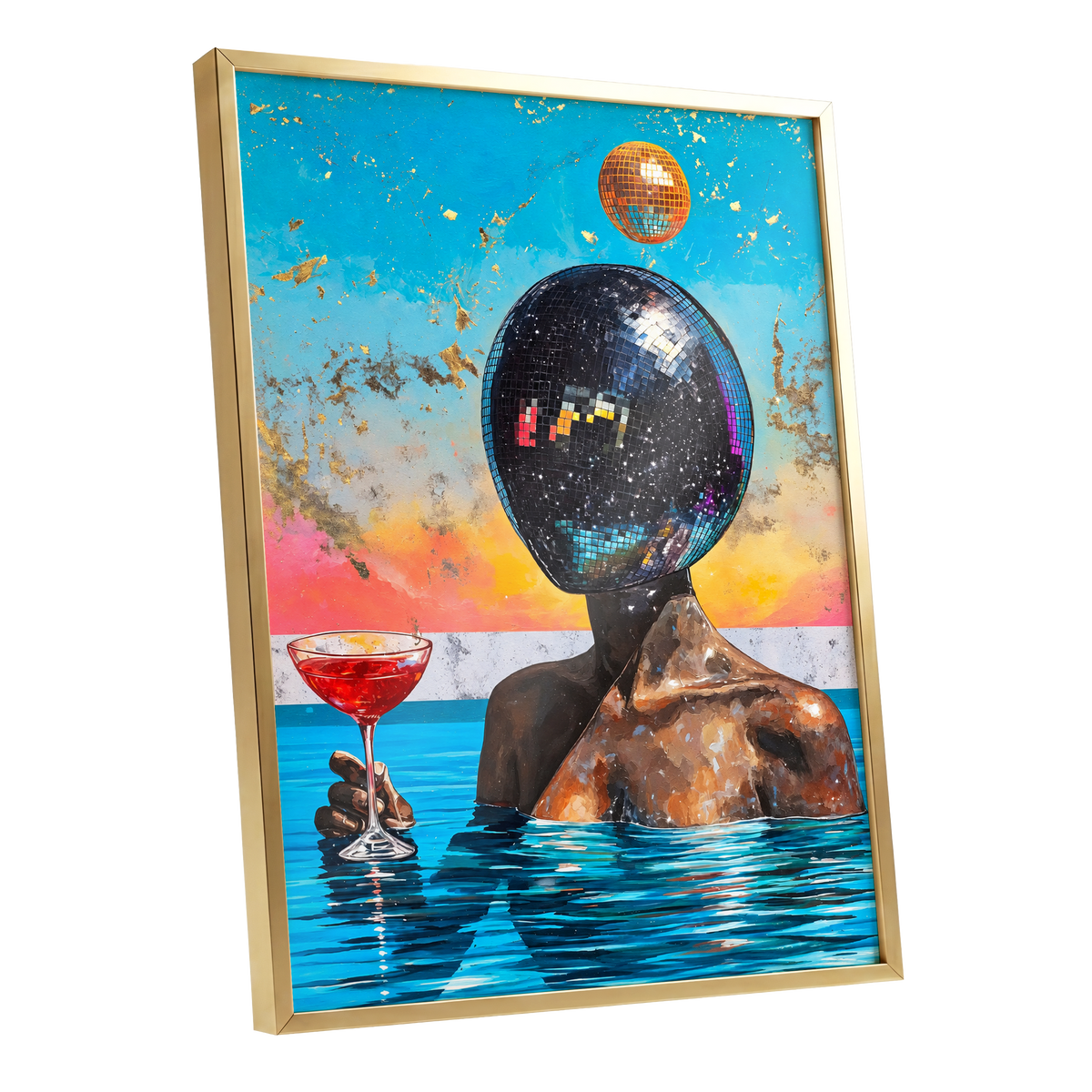Disco Mirage, blue, black, orange abstract wall art shown as a gold framed poster wall art print