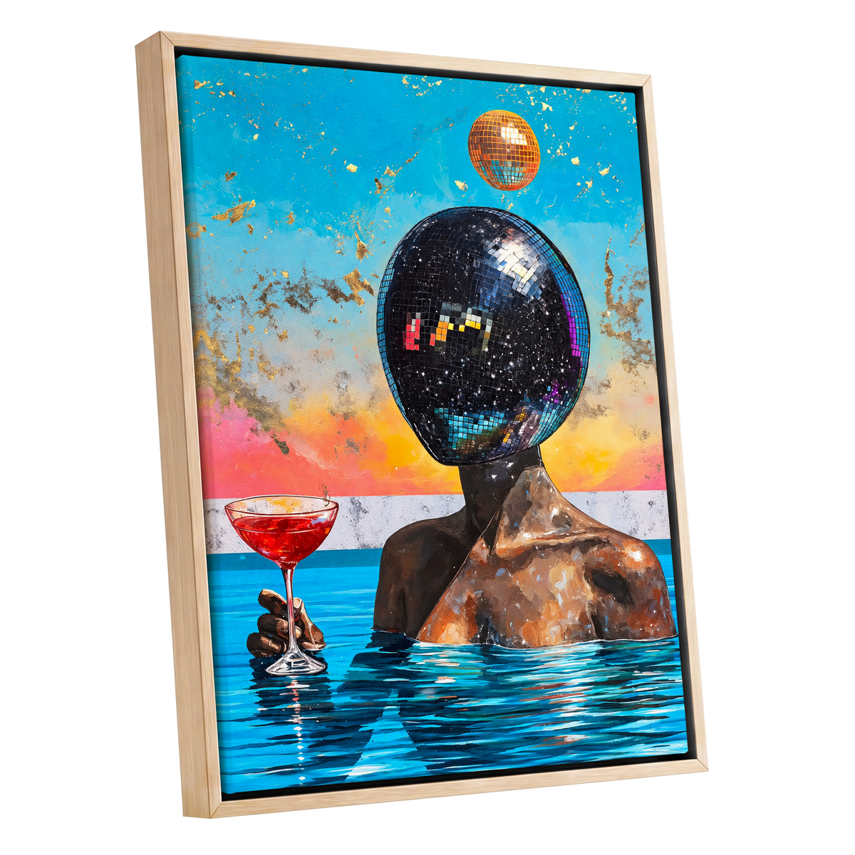 Disco Mirage, blue, black, orange abstract wall art shown as a oak framed canvas wall art