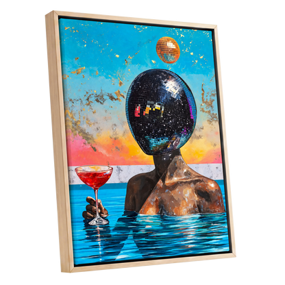 Disco Mirage, blue, black, orange abstract wall art shown as a oak framed canvas wall art