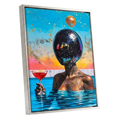 Disco Mirage, blue, black, orange abstract wall art shown as a silver framed canvas wall art