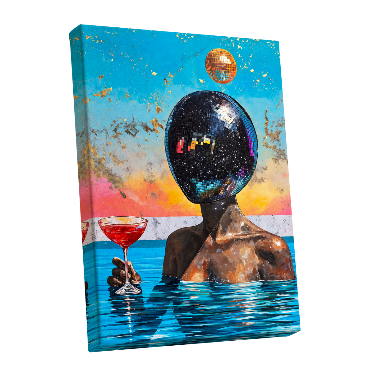 Disco Mirage, blue, black, orange abstract wall art shown as a stretched canvas wall art