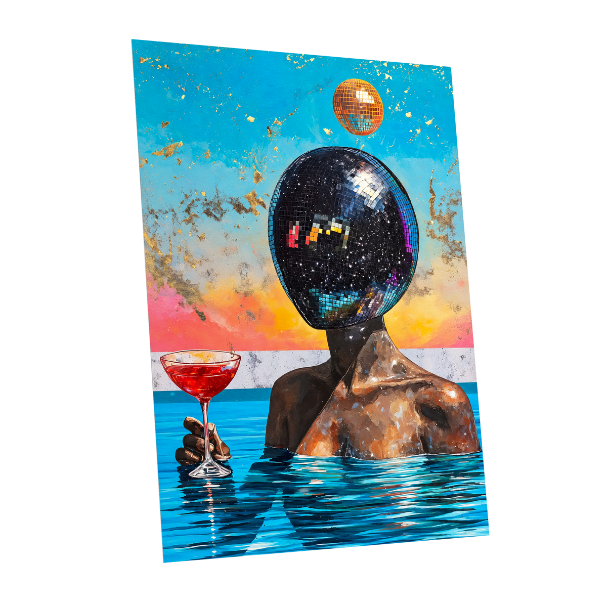 Disco Mirage, blue, black, orange abstract wall art shown as a unframed poster wall art print