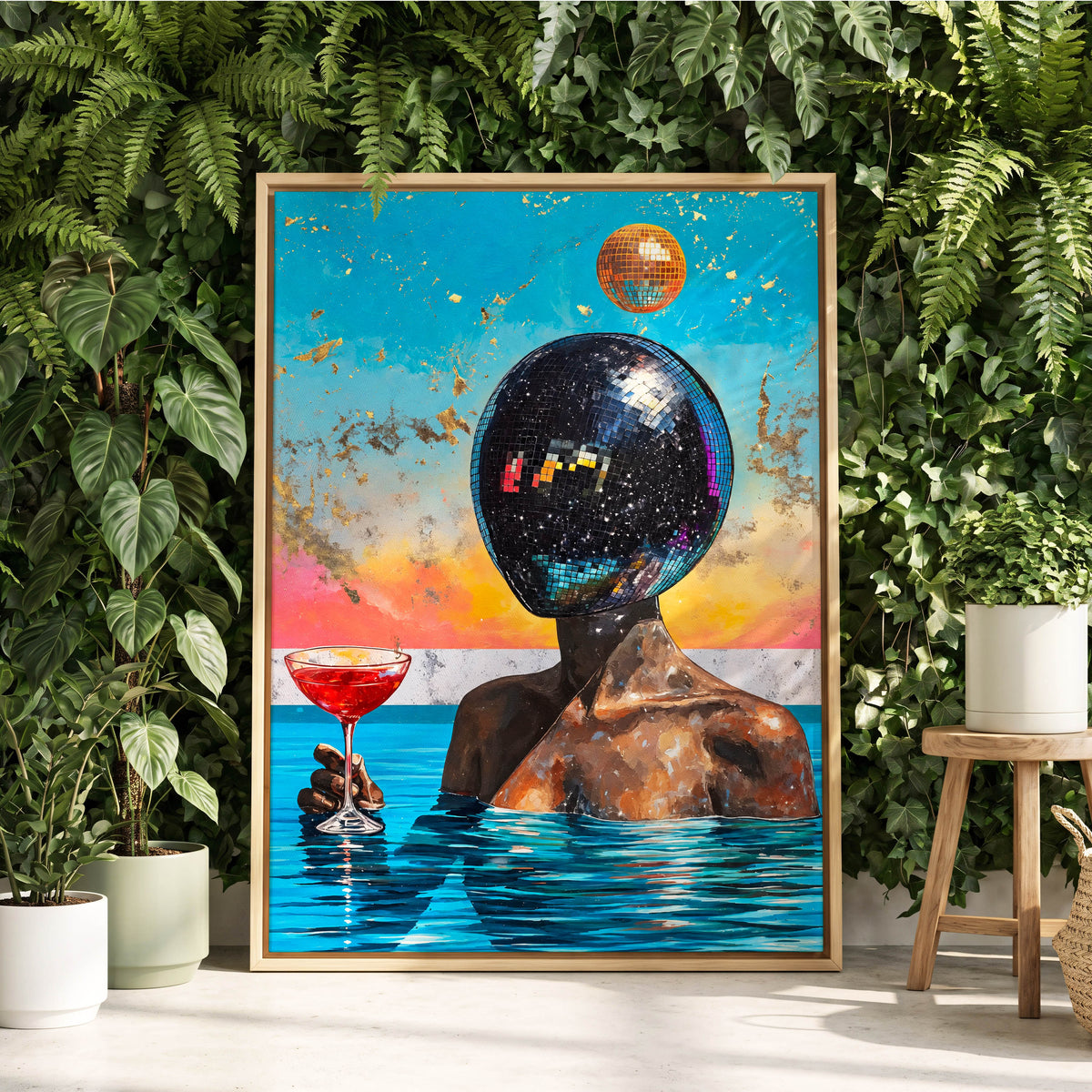 Disco Mirage, blue, black, orange abstract wall art displayed in a styled interior, gallery view 1