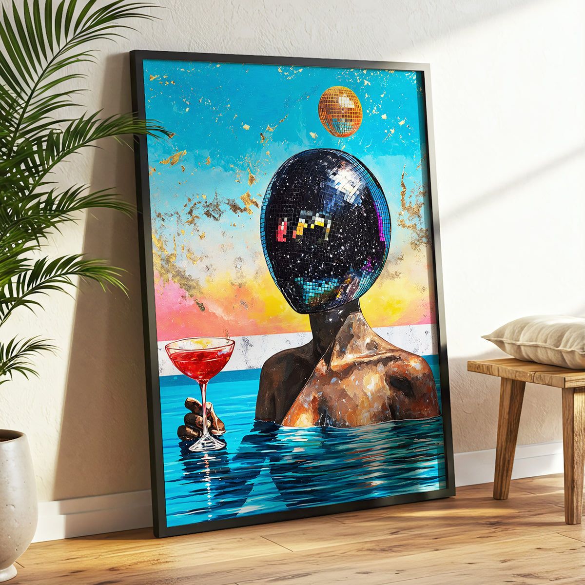 Disco Mirage, blue, black, orange abstract wall art displayed in a styled interior, gallery view 2