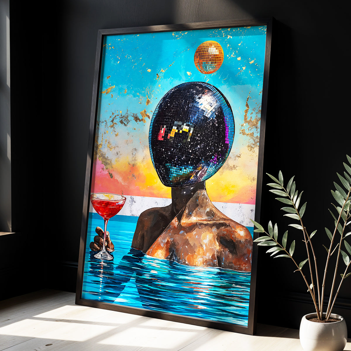 Disco Mirage, blue, black, orange abstract wall art displayed in a styled interior, gallery view 3