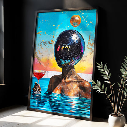 Disco Mirage, blue, black, orange abstract wall art displayed in a styled interior, gallery view 3