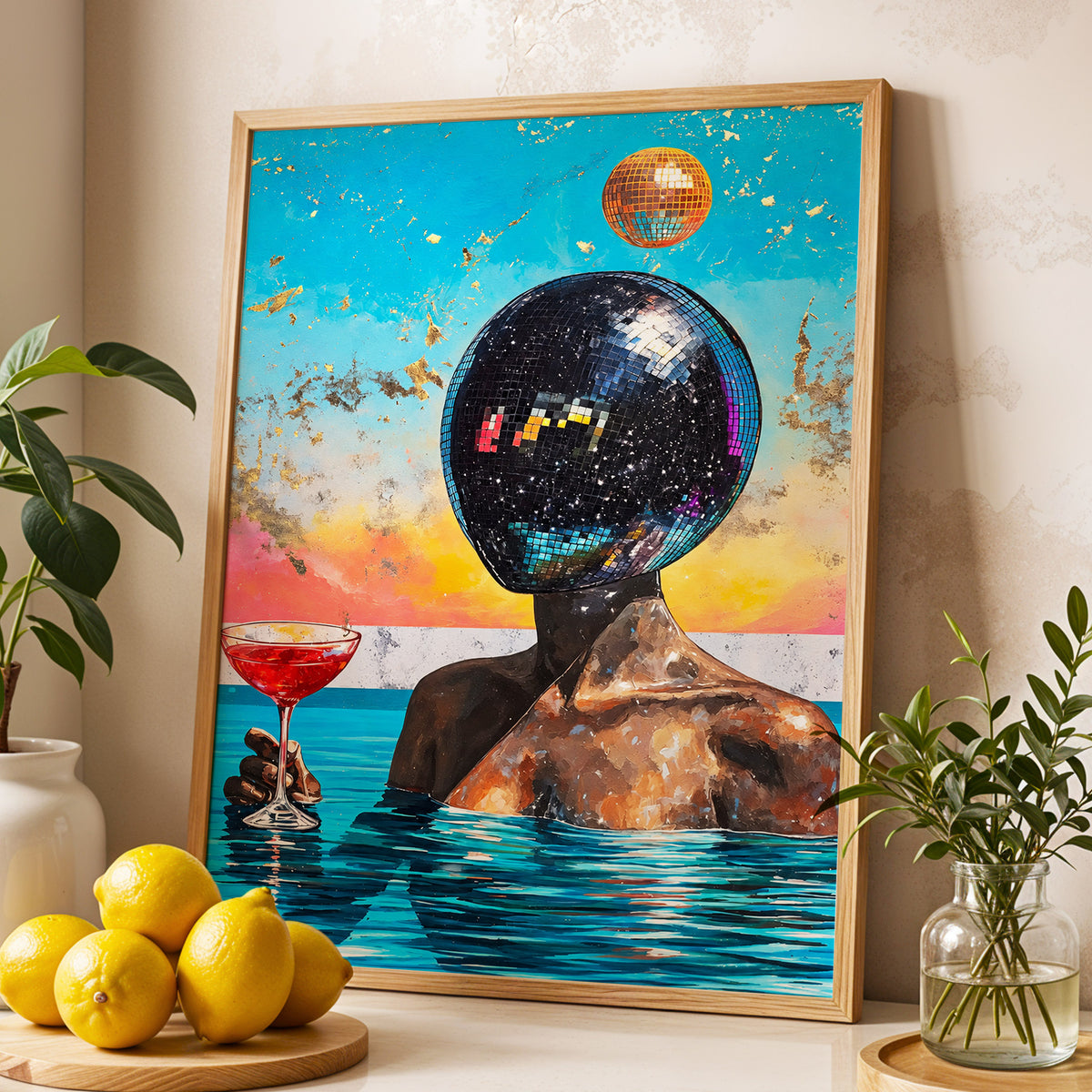 Disco Mirage, blue, black, orange abstract wall art displayed in a styled interior, gallery view 4