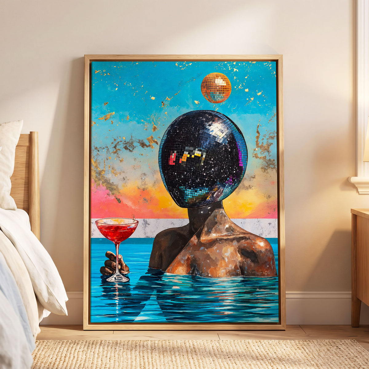 Disco Mirage, blue, black, orange abstract wall art displayed in a styled interior, gallery view 6