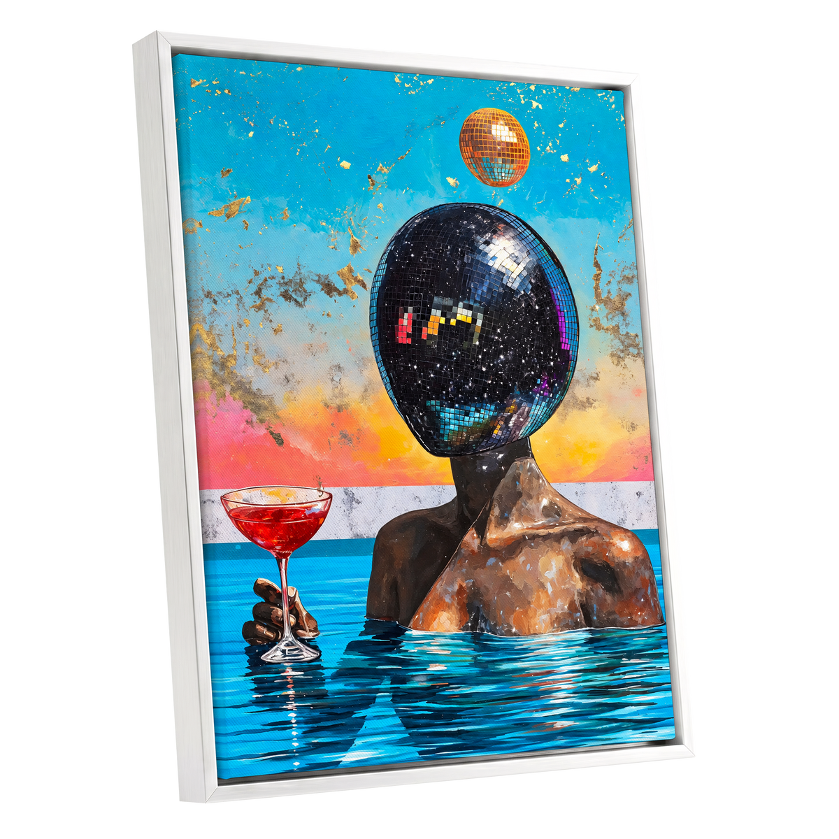 Disco Mirage, blue, black, orange abstract wall art shown as a white framed canvas wall art