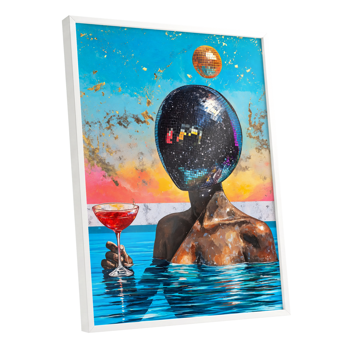 Disco Mirage, blue, black, orange abstract wall art shown as a white framed poster wall art print