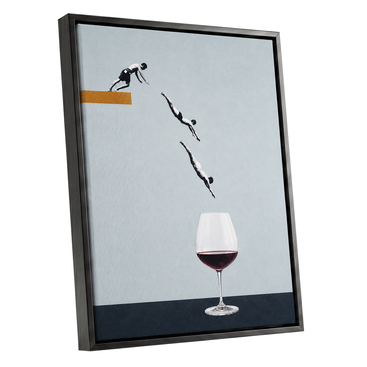 Dive into Claret, blue, black, white minimalist wall art shown as a black framed canvas wall art