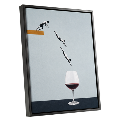 Dive into Claret, blue, black, white minimalist wall art shown as a black framed canvas wall art
