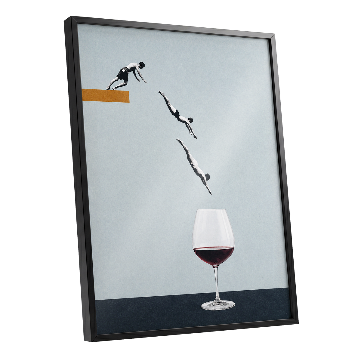 Dive into Claret, blue, black, white minimalist wall art shown as a black framed poster wall art print