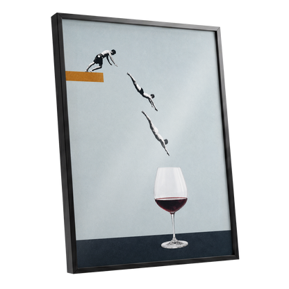 Dive into Claret, blue, black, white minimalist wall art shown as a black framed poster wall art print
