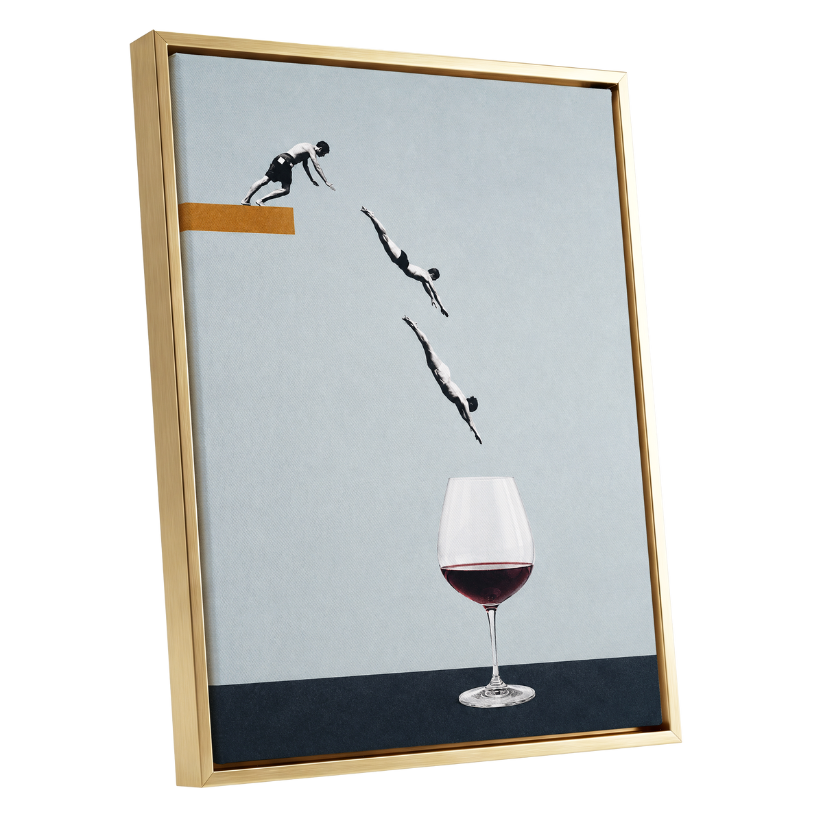 Dive into Claret, blue, black, white minimalist wall art shown as a gold framed canvas wall art