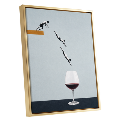 Dive into Claret, blue, black, white minimalist wall art shown as a gold framed canvas wall art