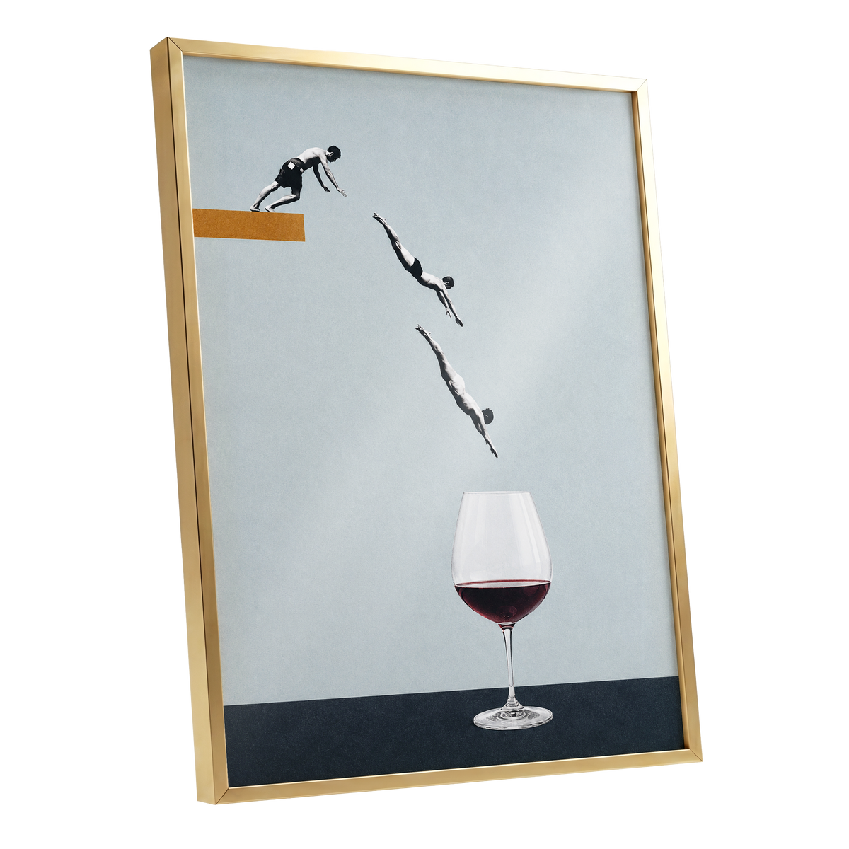 Dive into Claret, blue, black, white minimalist wall art shown as a gold framed poster wall art print
