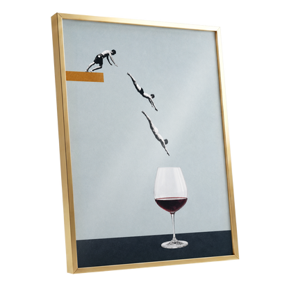 Dive into Claret, blue, black, white minimalist wall art shown as a gold framed poster wall art print