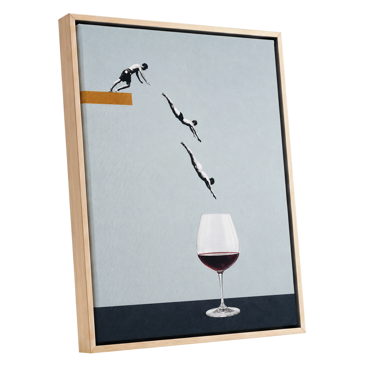 Dive into Claret, blue, black, white minimalist wall art shown as a oak framed canvas wall art