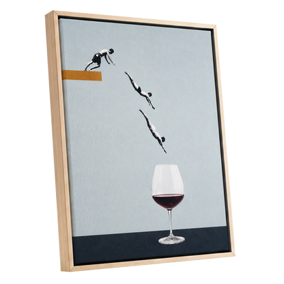 Dive into Claret, blue, black, white minimalist wall art shown as a oak framed canvas wall art