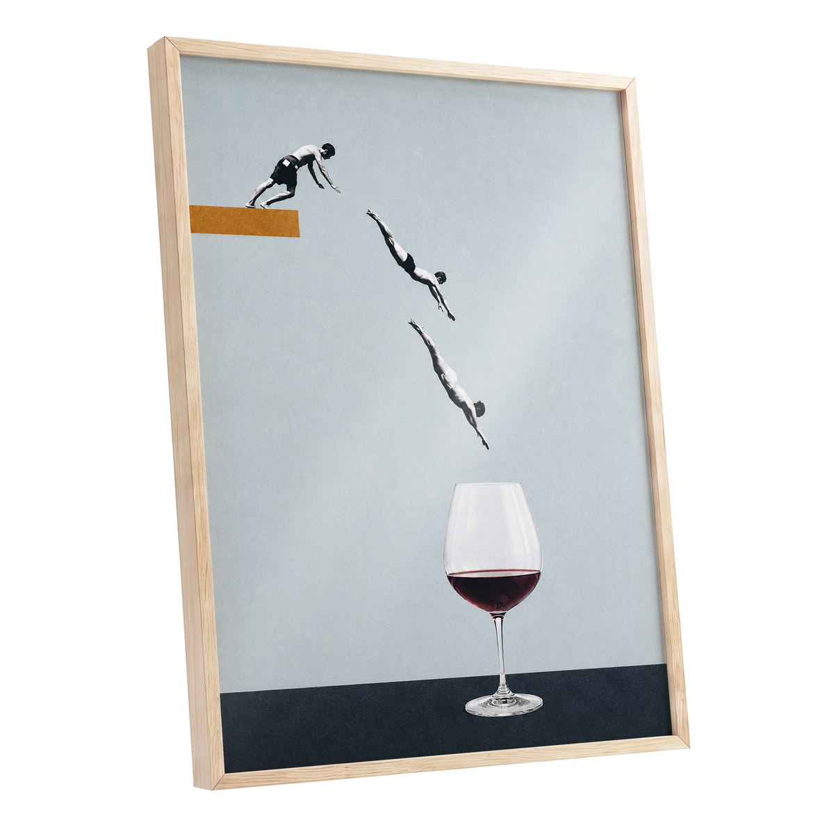 Dive into Claret, blue, black, white minimalist wall art shown as a oak framed poster wall art print