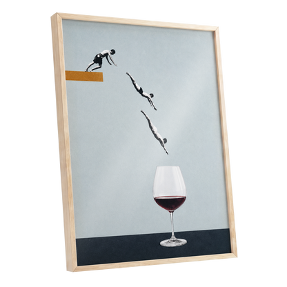 Dive into Claret, blue, black, white minimalist wall art shown as a oak framed poster wall art print